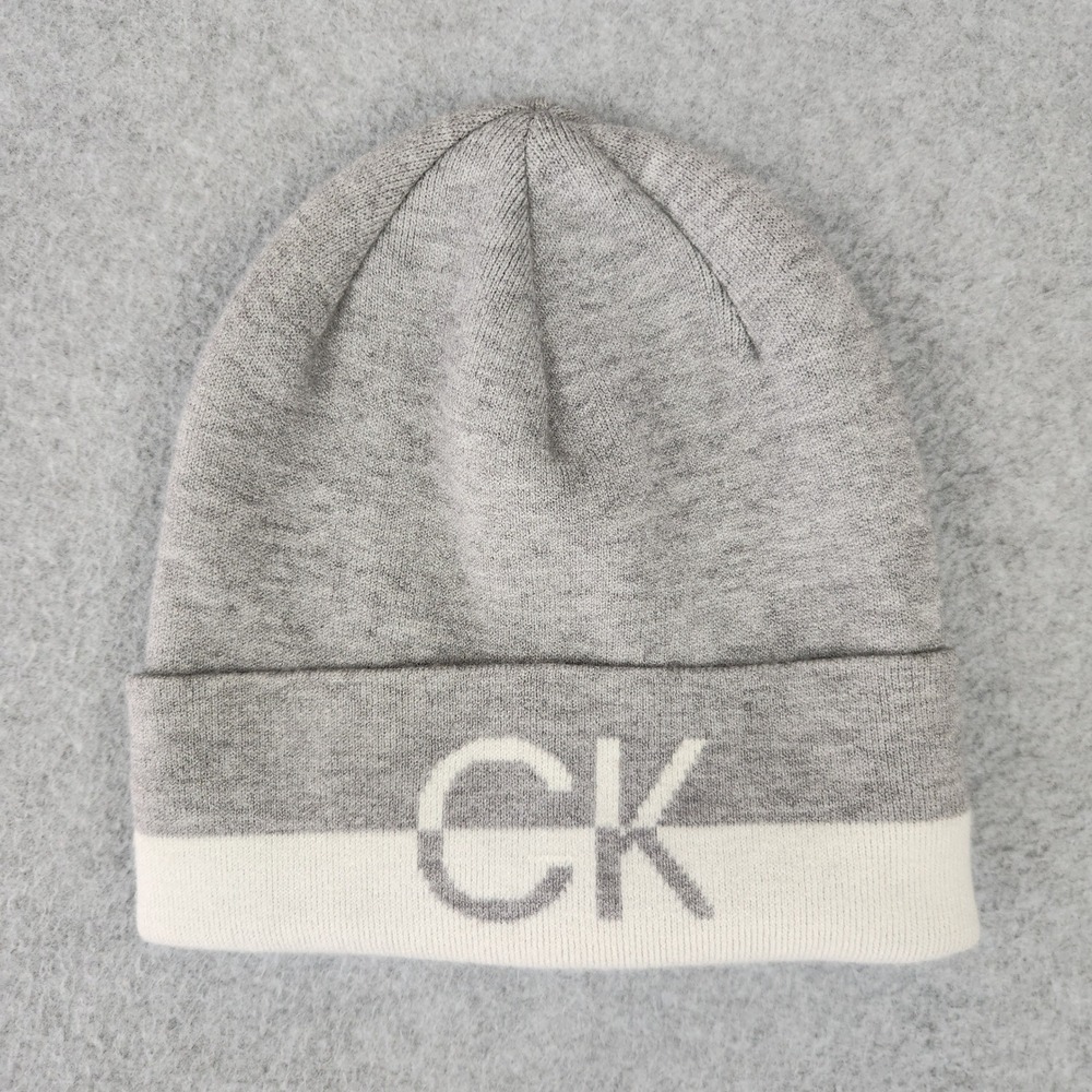 Calvin Klein Beanie Unisex OS Grey CK Logo Fleece Lined Knit Cuffed Winter Hat